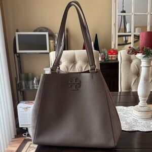 Tory Burch Gray Leather Tote Bag- suede on the sides.